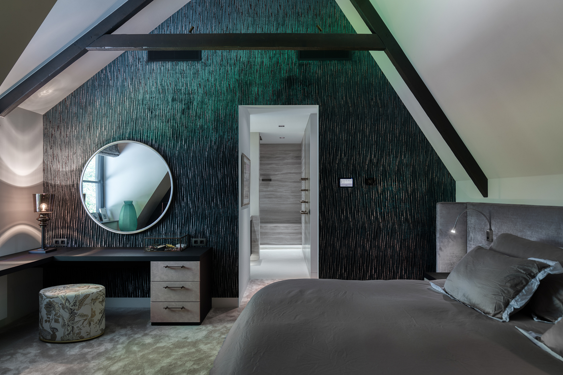 Master bedroom with custom fluorescent Osiris hertman wallpaper and specially designed make up mirror